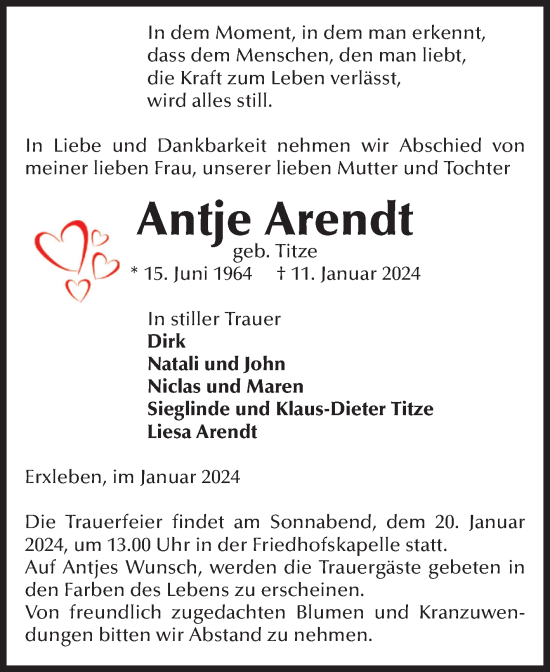 Traueranzeige von Antje Arendt von Volksstimme Haldensleben/Wolmirstedt