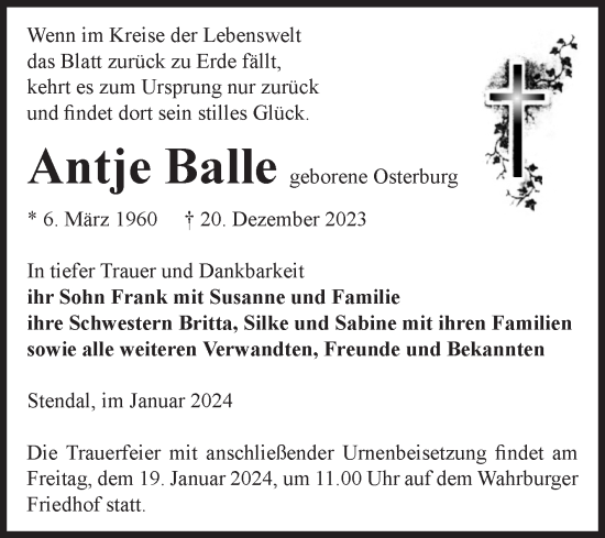 Traueranzeige von Antje Balle von Volksstimme Altmark Ost