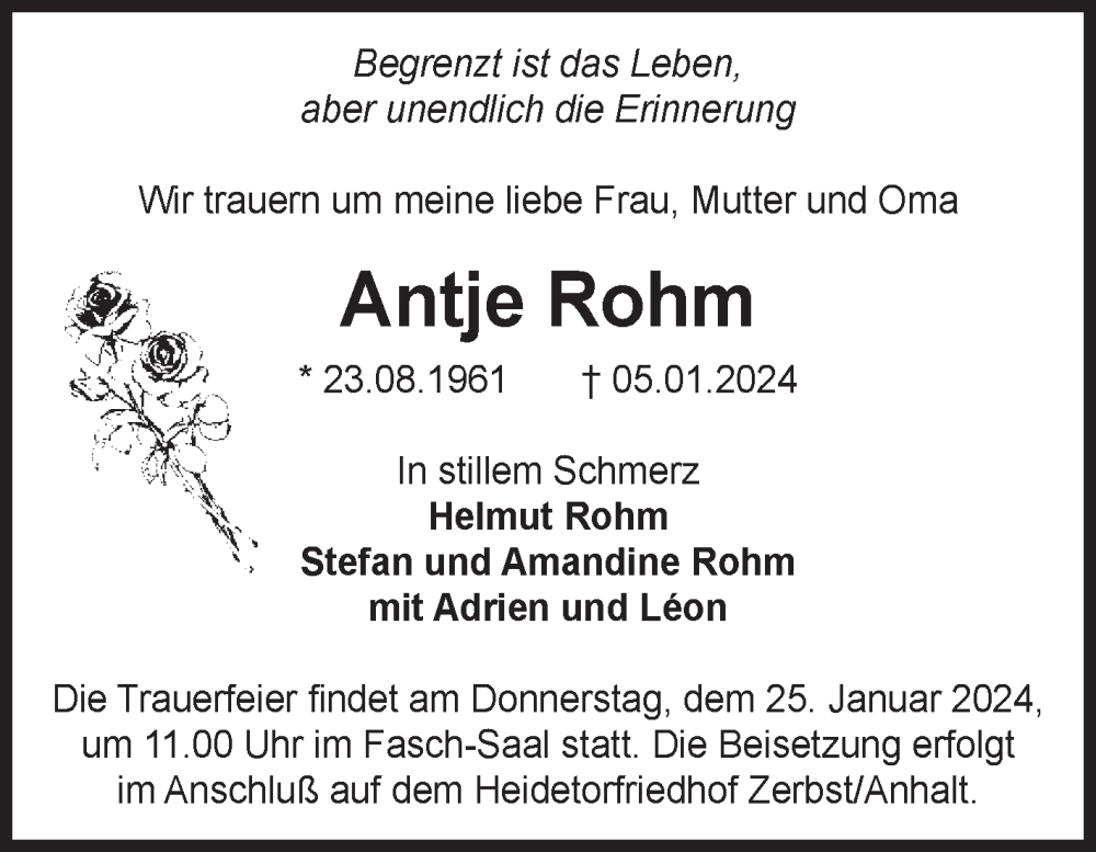  Traueranzeige für Antje Rohm vom 13.01.2024 aus Volksstimme Zerbst