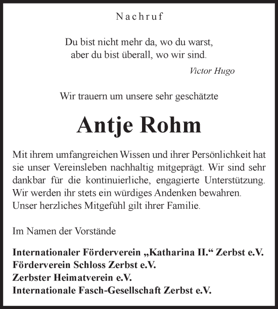 Traueranzeige von Antje Rohm von Volksstimme Zerbst