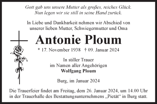 Traueranzeige von Antonie Ploum von Volksstimme Burg/Genthin
