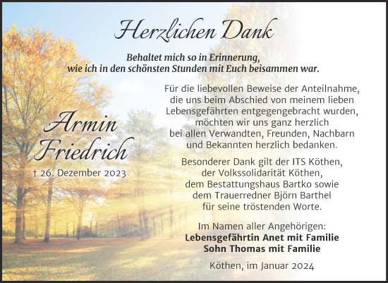 Traueranzeige von Armin Friedrich von Trauerkombi Köthen