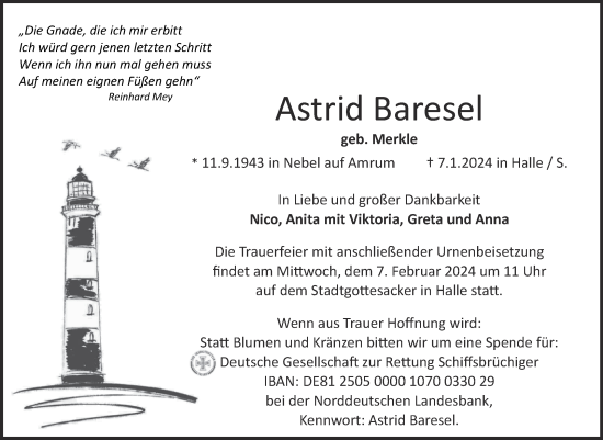 Traueranzeige von Astrid Baresel von Mitteldeutsche Zeitung Halle/Saalkreis