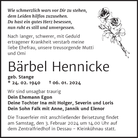 Traueranzeige von Bärbel Hennicke von Trauerkombi Dessau