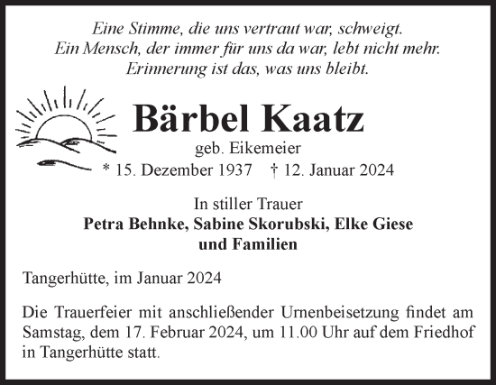Traueranzeige von Bärbel Kaatz von Volksstimme Altmark Ost