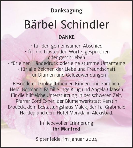 Traueranzeige von Bärbel Schindler von Trauerkombi Quedlinburg