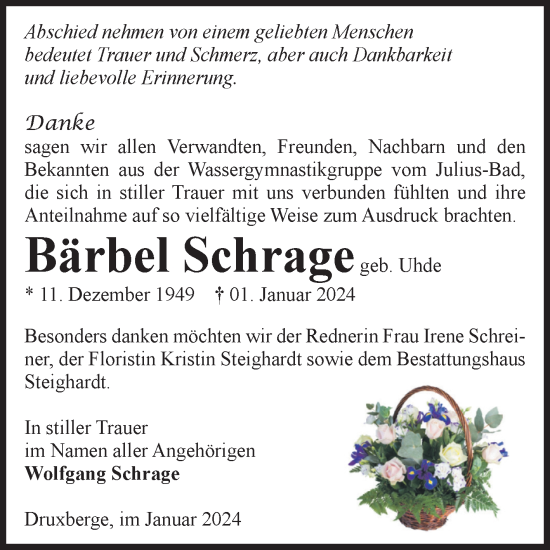 Traueranzeige von Bärbel Schrage von Volksstimme Oschersleben/Wanzleben