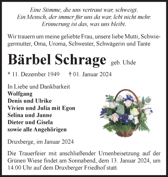 Traueranzeige von Bärbel Schrage von Volksstimme Oschersleben/Wanzleben
