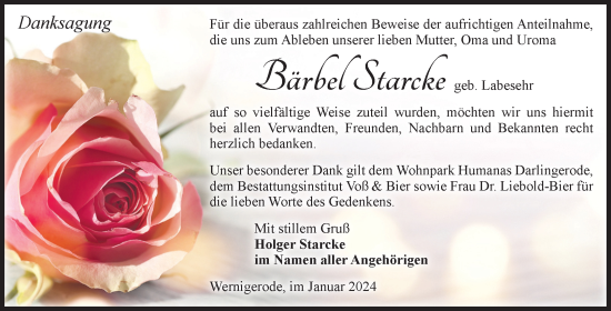 Traueranzeige von Bärbel Starcke von Volksstimme Wernigerode