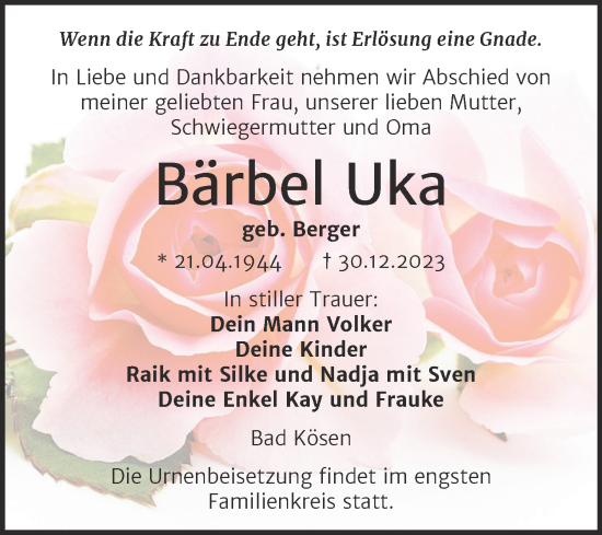 Traueranzeige von Bärbel Uka von Wochenspiegel Naumburg/Nebra
