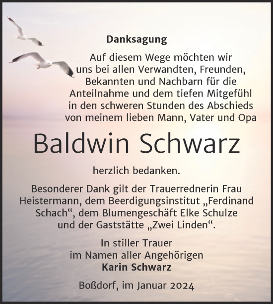 Traueranzeige von Baldwin Schwarz von Trauerkombi Wittenberg