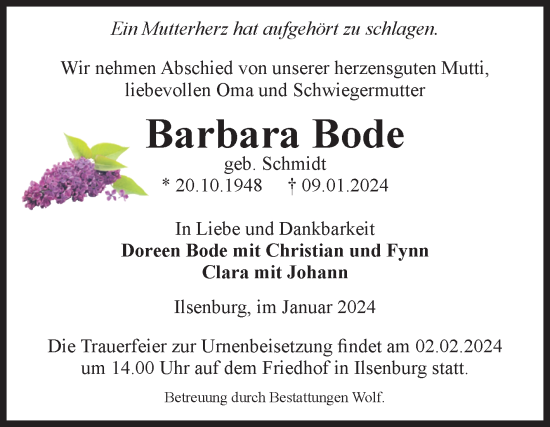 Traueranzeige von Barbara Bode von Volksstimme Wernigerode