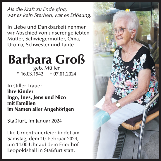 Traueranzeige von Barbara Groß von Volksstimme Staßfurt