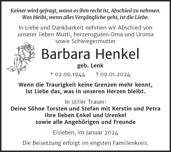 Traueranzeige von Barbara Henkel von Trauerkombi Mansfelder Land
