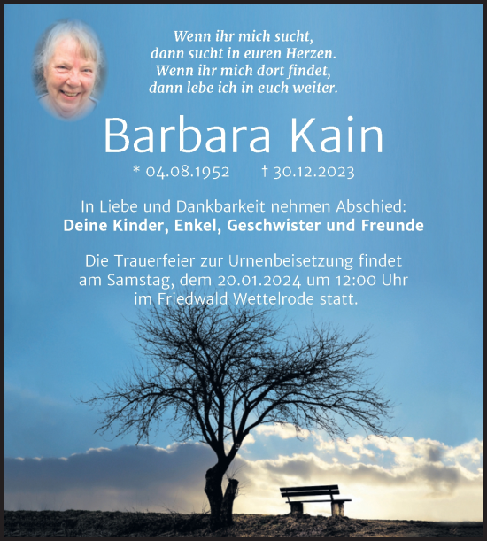 Traueranzeige von Barbara Kain von Trauerkombi Sangerhausen