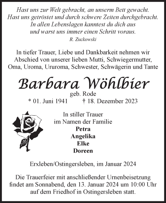 Traueranzeige von Barbara Wöhlbier von Volksstimme Haldensleben/Wolmirstedt