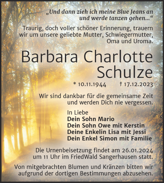 Traueranzeige von Barbara Charlotte Schulze von Trauerkombi Mansfelder Land