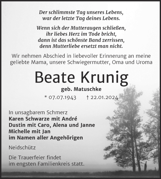 Traueranzeige von Beate Krunig von Wochenspiegel Naumburg/Nebra