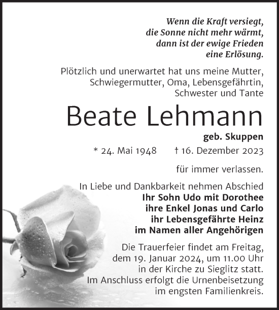 Traueranzeige von Beate Lehmann von Wochenspiegel Naumburg/Nebra