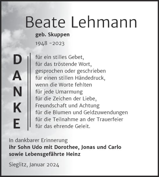 Traueranzeige von Beate Lehmann von Wochenspiegel Naumburg/Nebra