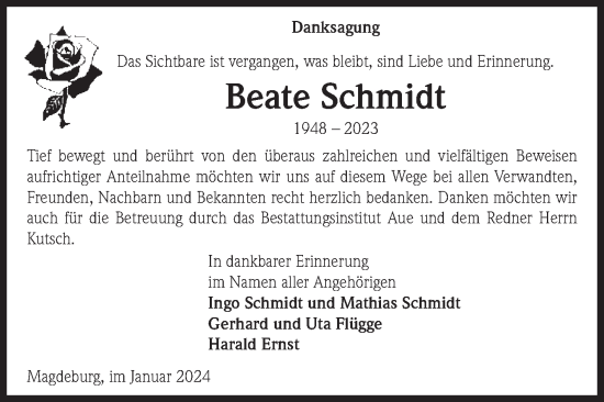 Traueranzeige von Beate Schmidt von Volksstimme Burg/Genthin