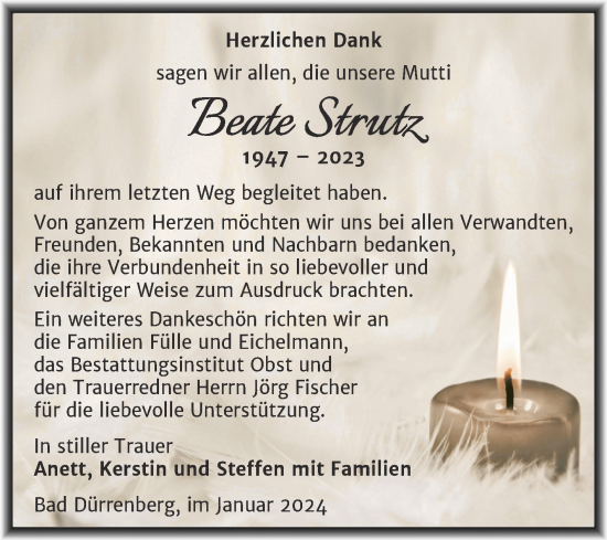 Traueranzeige von Beate Strutz von Trauerkombi Merseburg
