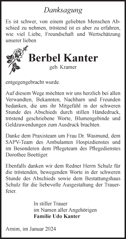 Traueranzeige von Berbel Kanter von Volksstimme Altmark Ost