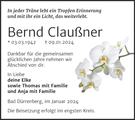 Traueranzeige von Bernd Claußner von Trauerkombi Merseburg