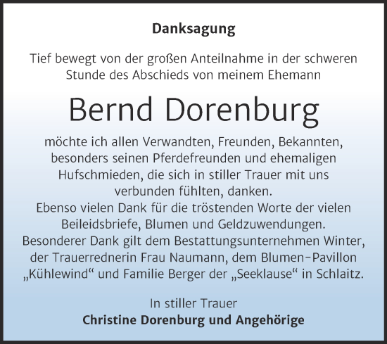 Traueranzeige von Bernd Dorenburg von Trauerkombi Bitterfeld