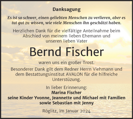 Traueranzeige von Bernd Fischer von Trauerkombi Merseburg