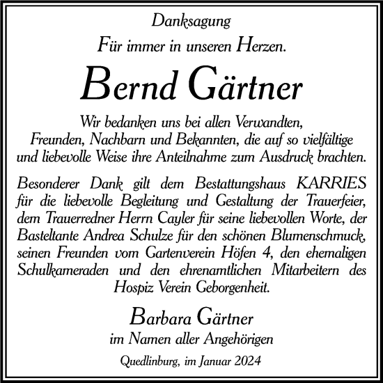 Traueranzeige von Bernd Gärtner von Trauerkombi Quedlinburg
