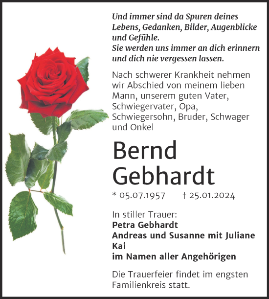 Traueranzeige von Bernd Gebhardt von Trauerkombi Aschersleben