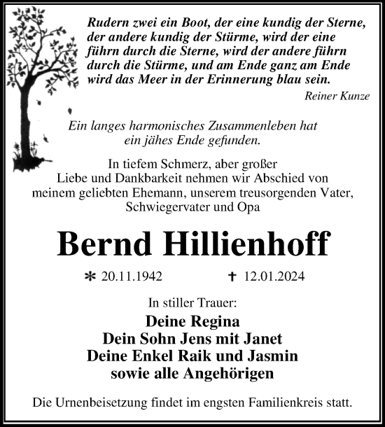 Traueranzeige von Bernd Hillienhoff von Trauerkombi Dessau