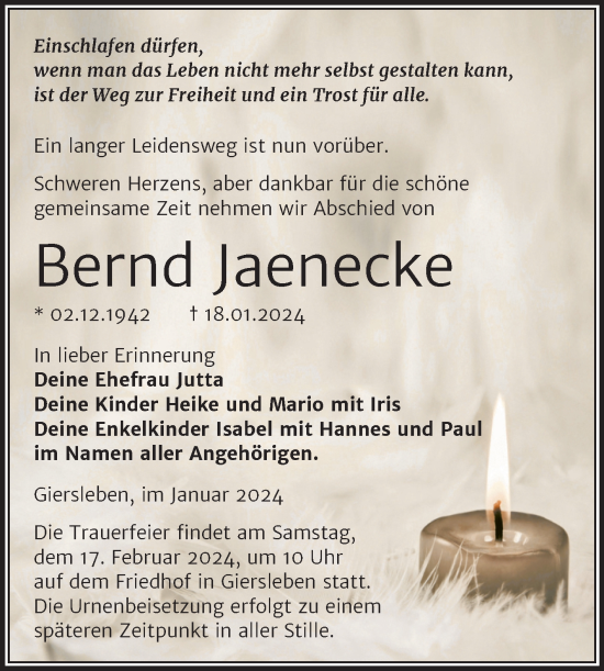 Traueranzeige von Bernd Jaenecke von Trauerkombi Aschersleben