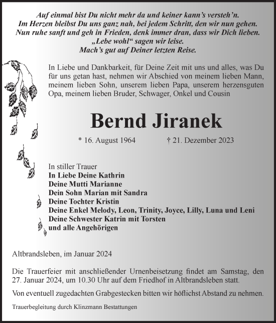 Traueranzeige von Bernd Jiranek von Volksstimme Oschersleben/Wanzleben