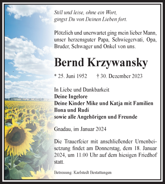 Traueranzeige von Bernd Krzywansky von Volksstimme Schönebeck