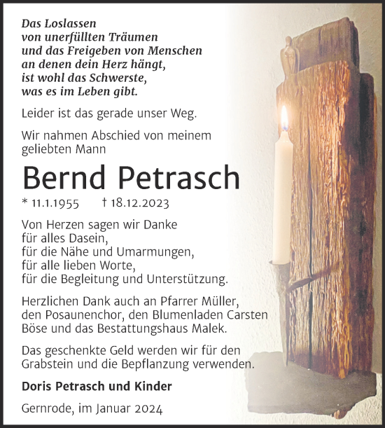 Traueranzeige von Bernd Petrasch von Trauerkombi Quedlinburg