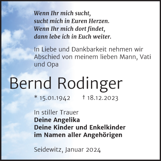 Traueranzeige von Bernd Rodinger von Wochenspiegel Naumburg/Nebra