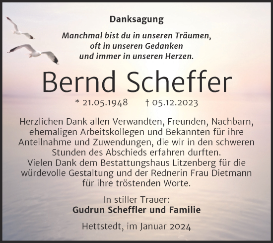 Traueranzeige von Bernd Scheffer von Trauerkombi Mansfelder Land