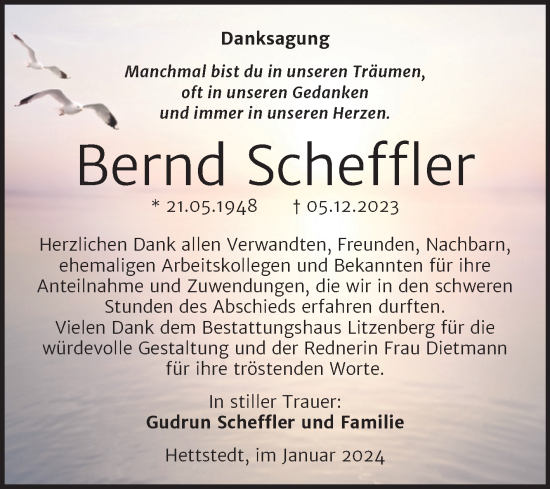 Traueranzeige von Bernd Scheffler von Trauerkombi Mansfelder Land