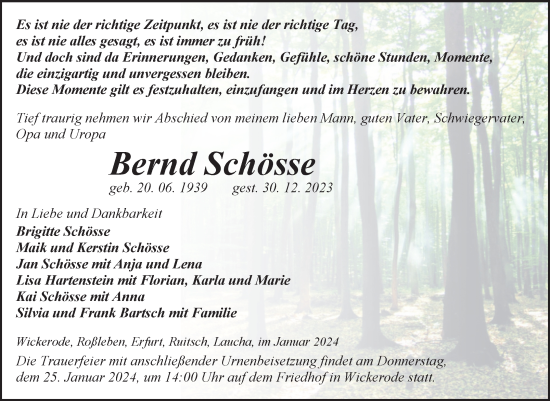 Traueranzeige von Bernd Schösse von Trauerkombi Sangerhausen