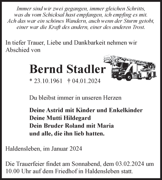 Traueranzeige von Bernd Stadler von Volksstimme Haldensleben/Wolmirstedt