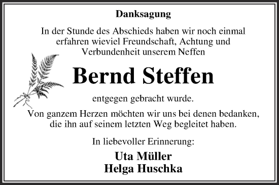 Traueranzeige von Bernd Steffen von Trauerkombi Dessau