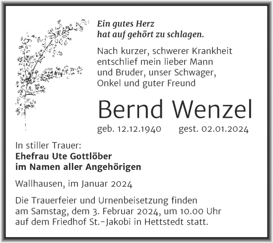 Traueranzeige von Bernd Wenzel von Trauerkombi Sangerhausen