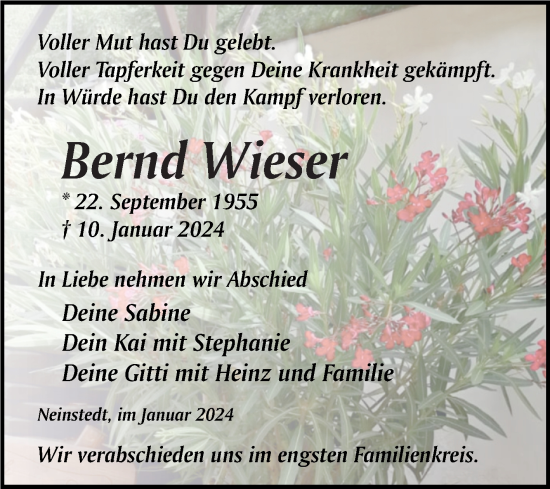 Traueranzeige von Bernd Wieser von Trauerkombi Quedlinburg