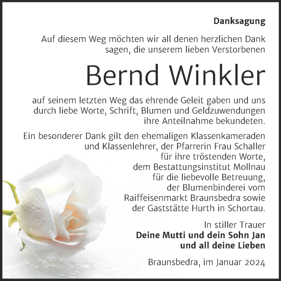 Traueranzeige von Bernd Winkler von Trauerkombi Merseburg