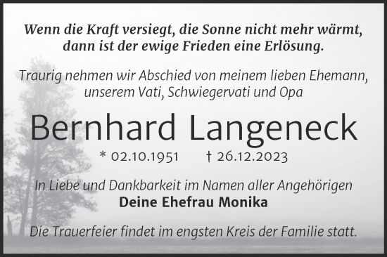 Traueranzeige von Bernhard Langeneck von Trauerkombi Dessau