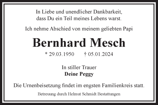 Traueranzeige von Bernhard Mesch von Volksstimme Magdeburg