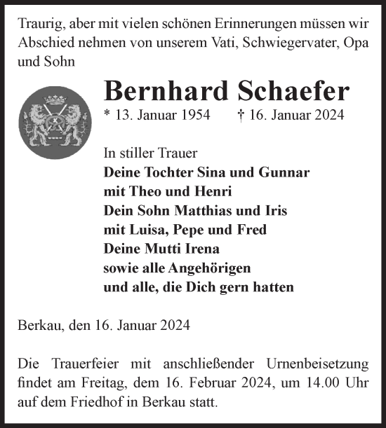 Traueranzeige von Bernhard Schaefer von Volksstimme Altmark Ost