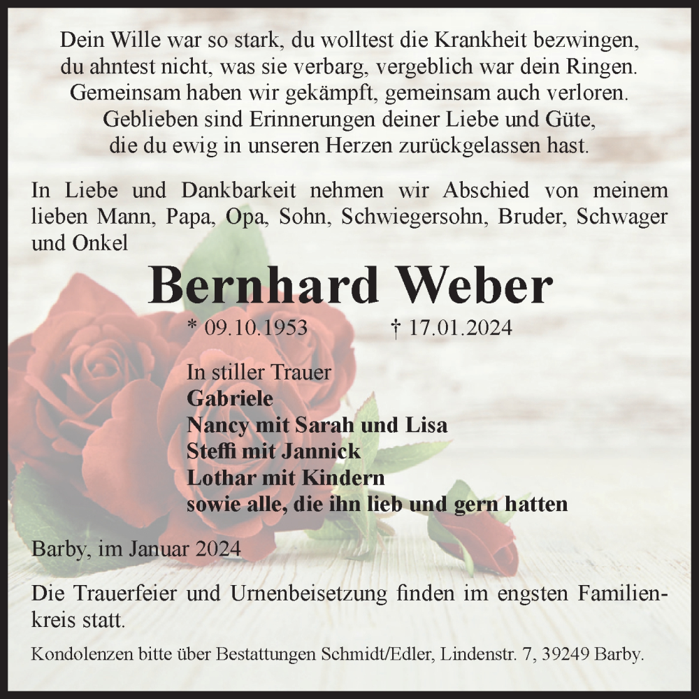  Traueranzeige für Bernhard Weber vom 20.01.2024 aus Volksstimme Schönebeck